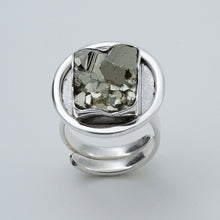 Load image into Gallery viewer, Adjustable ring with rectangular Pyrite. Round bezel
