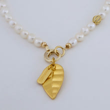 Load image into Gallery viewer, Pearl necklace with Leaf and Namaste pendants. Mathching earrings included.
